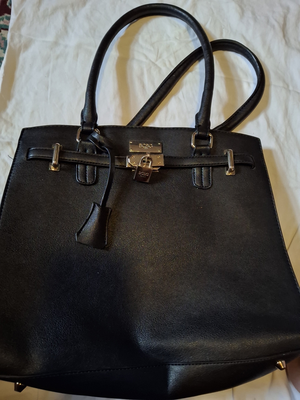 BCBG Black Leather Tote with Gold Hardware and Padlock